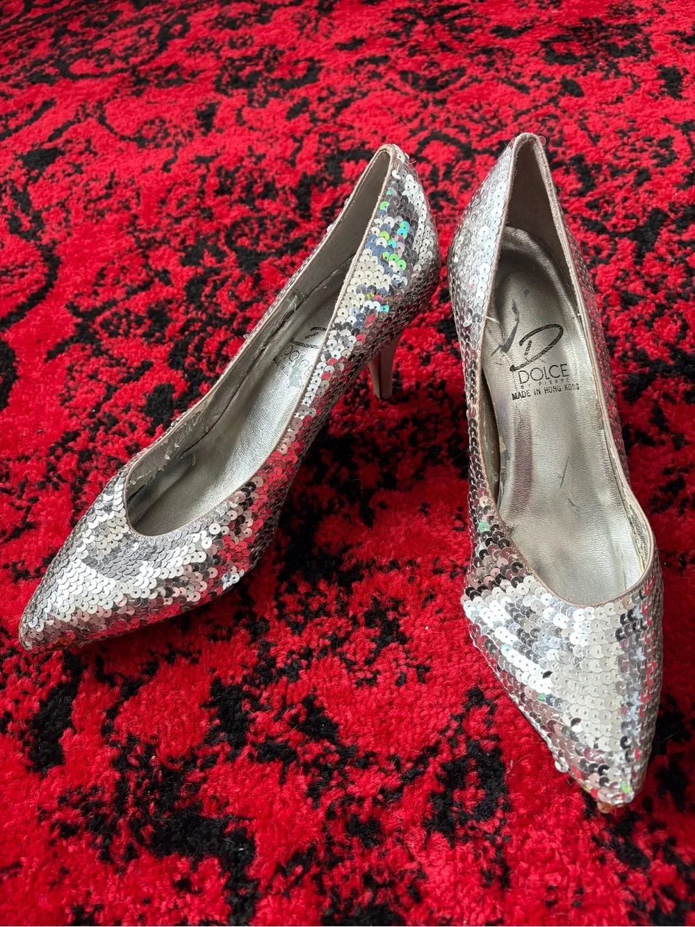 Silver Sequin Pointed-Toe Heels